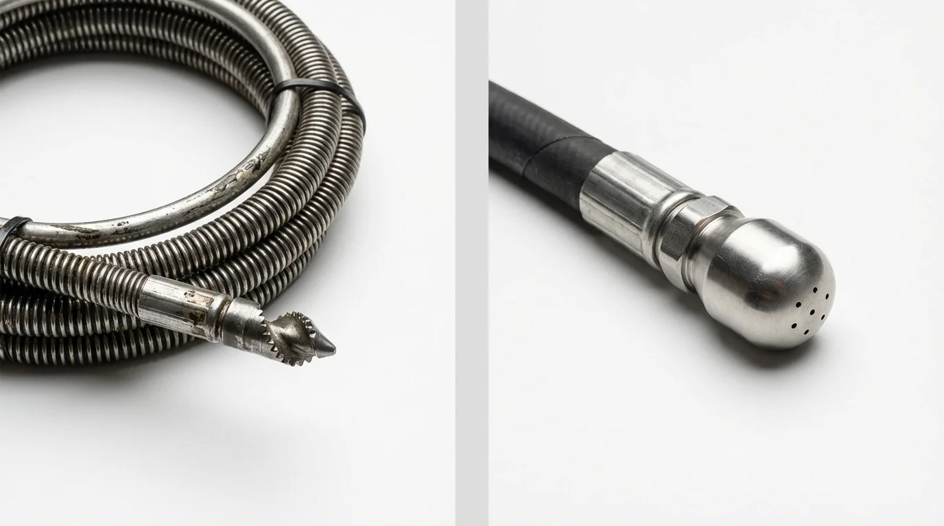 Drain snake cable and hydro jetting nozzle used for drain cleaning in Janesville, CA