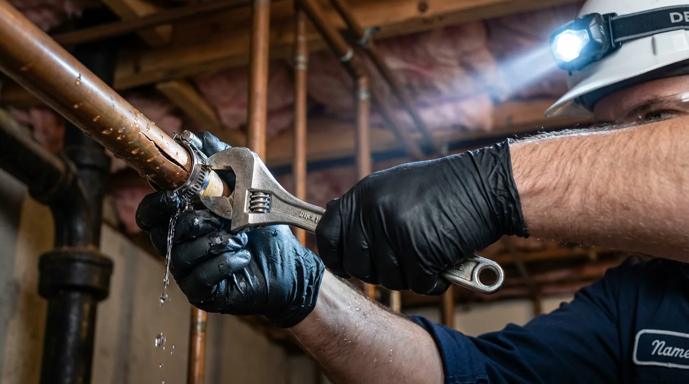Emergency pipe clamp repair being performed by a Johns Plumbing LLC plumber in Janesville