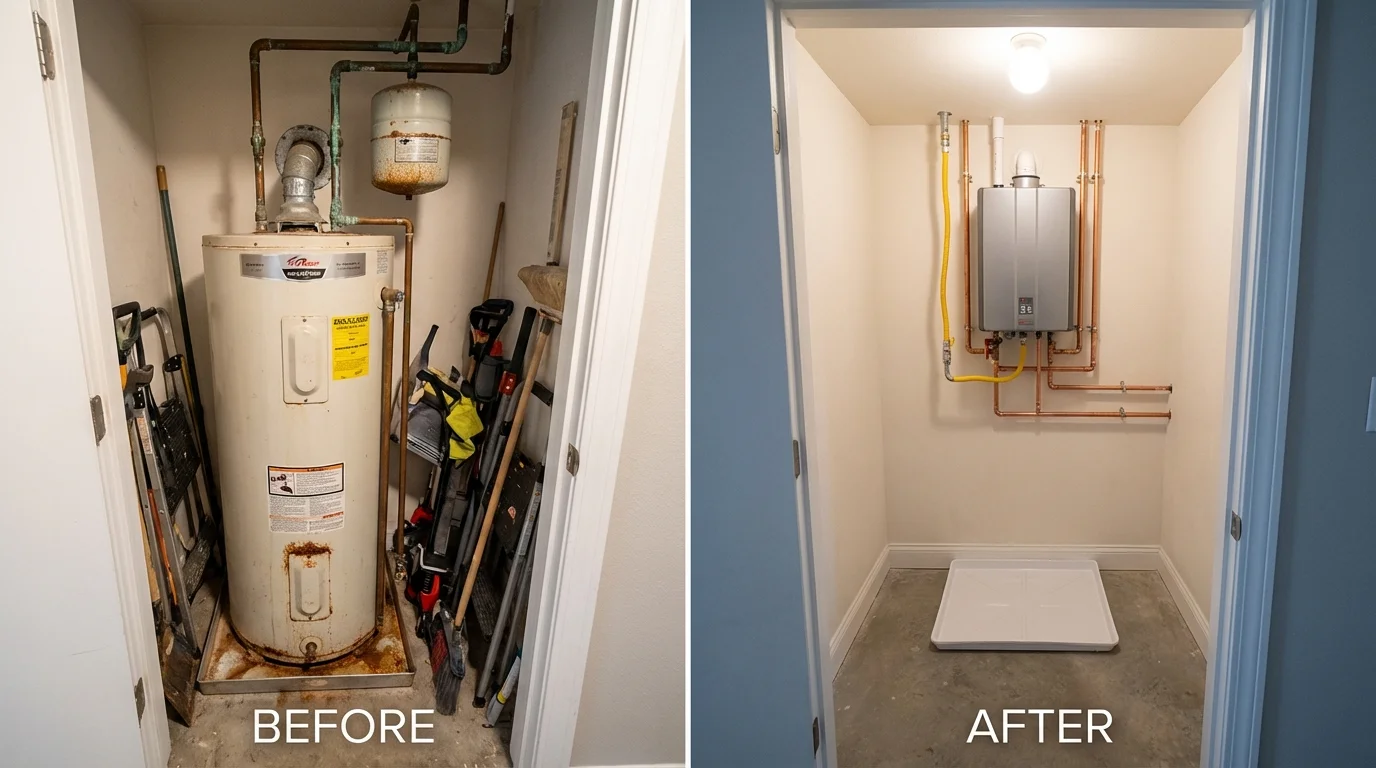Tank water heater versus wall-mounted tankless unit comparison for Janesville, CA homeowners