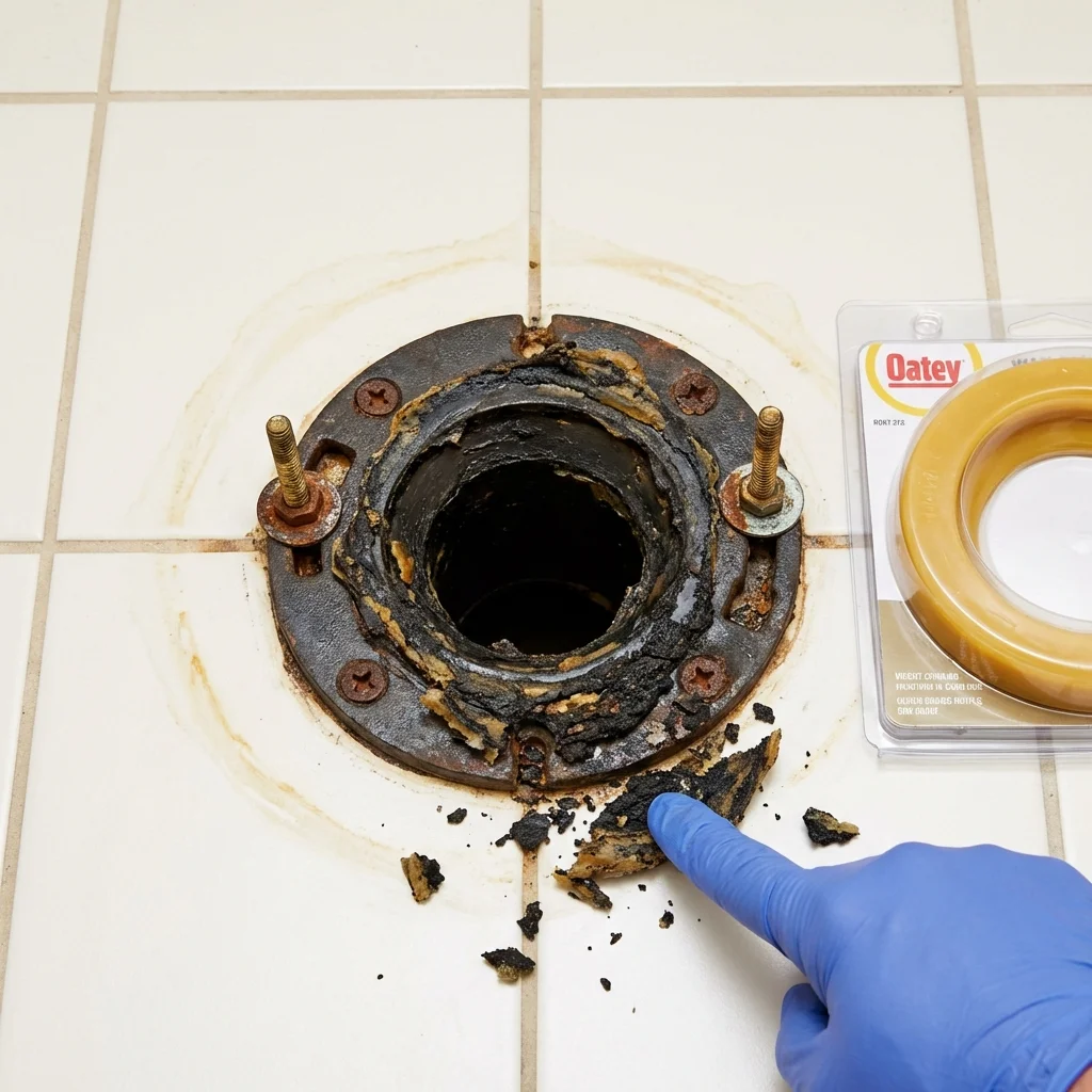 Failed wax ring showing water seepage at the base of a toilet in a Janesville, CA home
